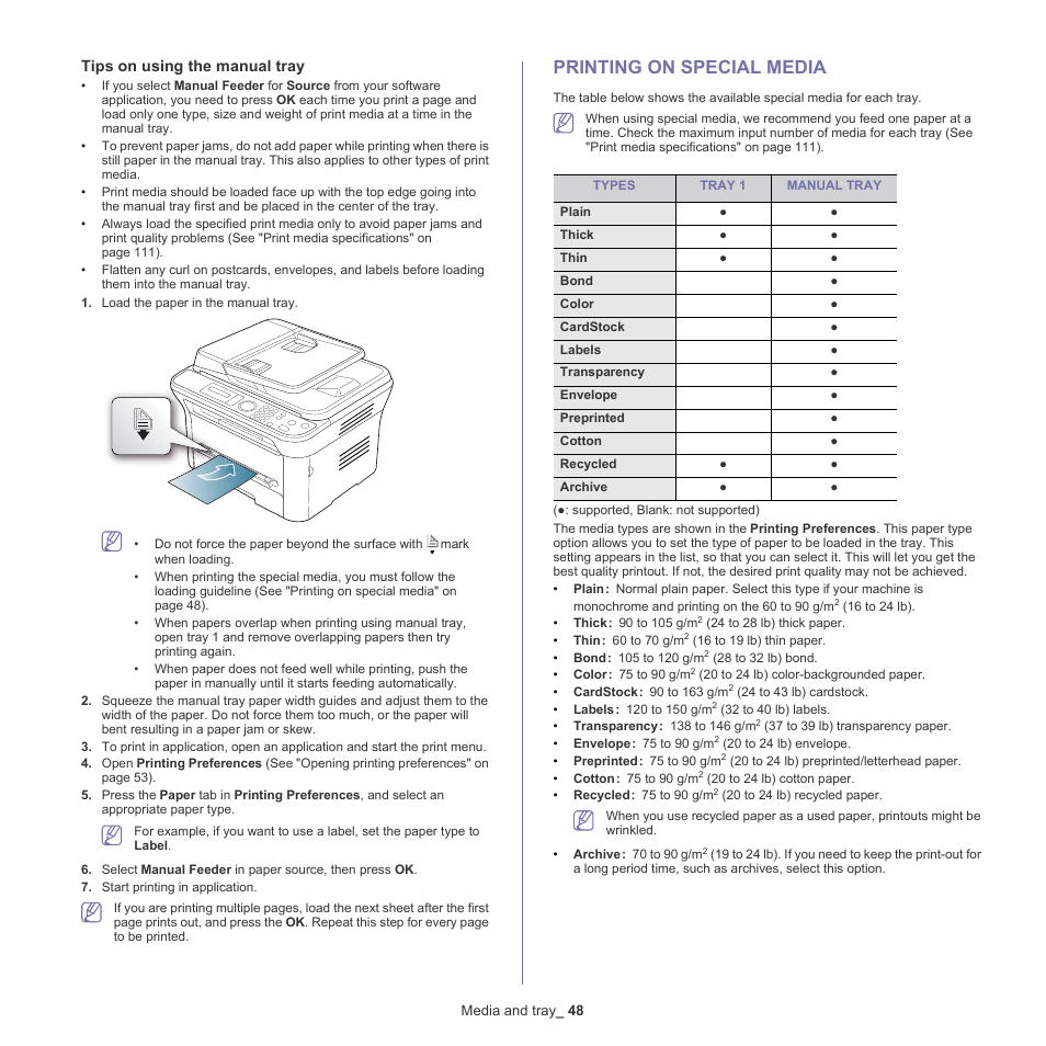 Printing on special media, 48 printing on special media, Tips on using the manual tray | Samsung SCX-4600 Series User Manual | Page 48 / 121