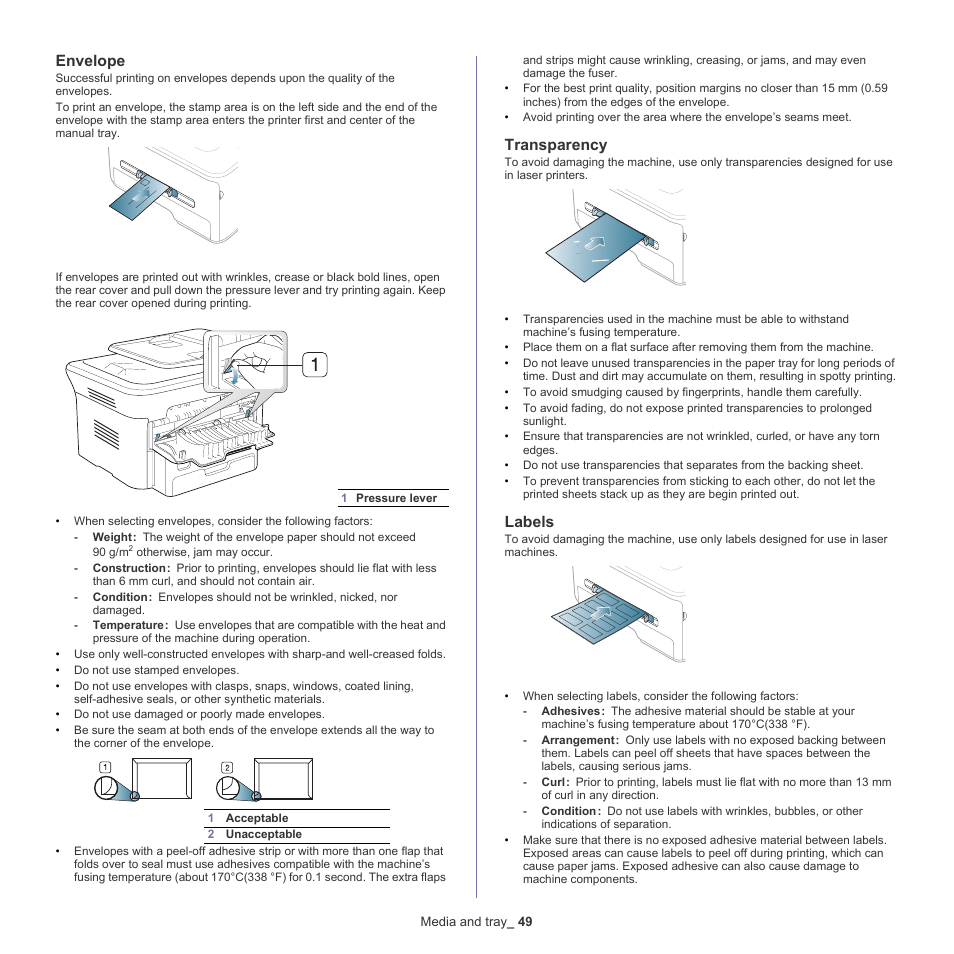 Envelope, Transparency, Labels | Samsung SCX-4600 Series User Manual | Page 49 / 121