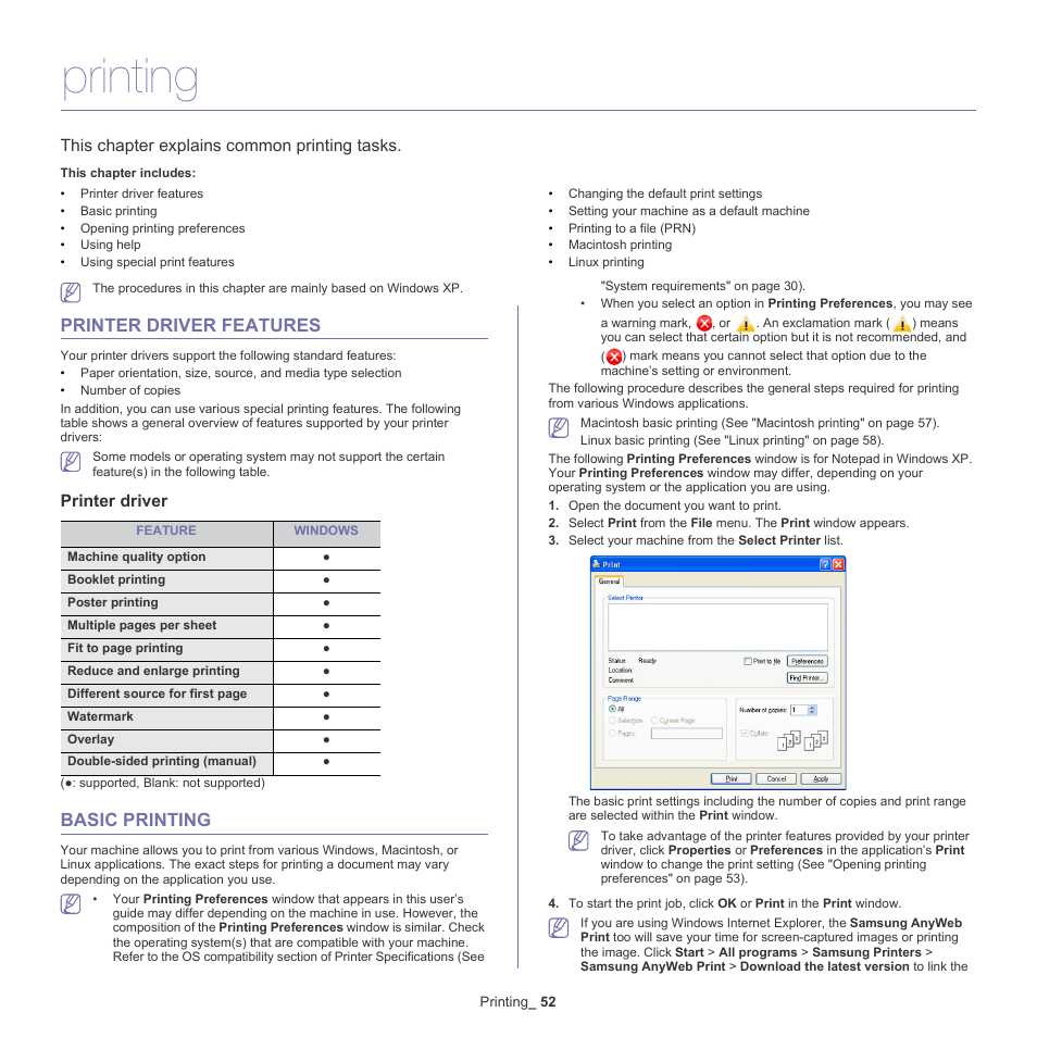 Printing, Printer driver features, Basic printing | 52 printer driver features, Printer driver, 52 basic printing, This chapter explains common printing tasks | Samsung SCX-4600 Series User Manual | Page 52 / 121