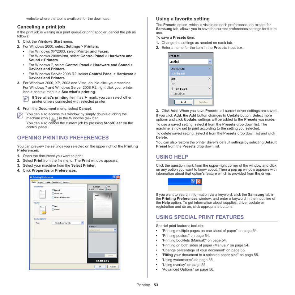 Opening printing preferences, Using help, Using special print features | Canceling a print job, 53 opening printing preferences, Using a favorite setting, 53 using help 53 using special print features, Opening printing preferences" on, Opening printing | Samsung SCX-4600 Series User Manual | Page 53 / 121