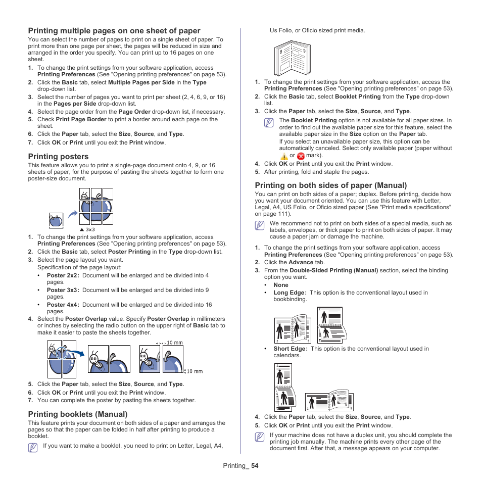 Printing posters, Printing booklets (manual), Printing on both sides of paper (manual) | Ee "printing on both sides of paper (manual)" on, Printing multiple pages on one sheet of paper | Samsung SCX-4600 Series User Manual | Page 54 / 121