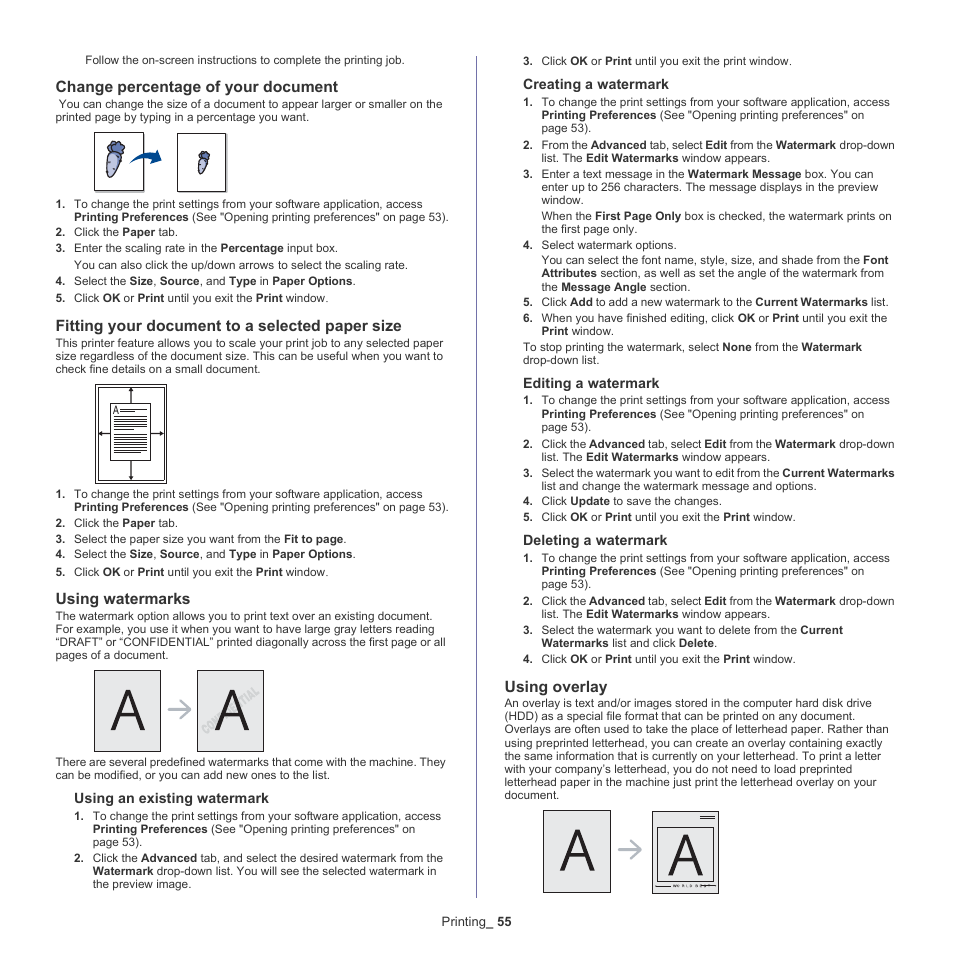 Change percentage of your document, Fitting your document to a selected paper size, Using watermarks | Using overlay, Using watermarks" on | Samsung SCX-4600 Series User Manual | Page 55 / 121