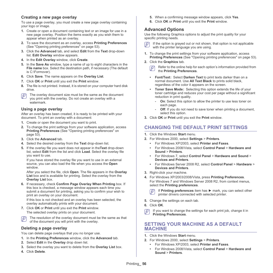 Changing the default print settings, Setting your machine as a default machine, Advanced options | Samsung SCX-4600 Series User Manual | Page 56 / 121
