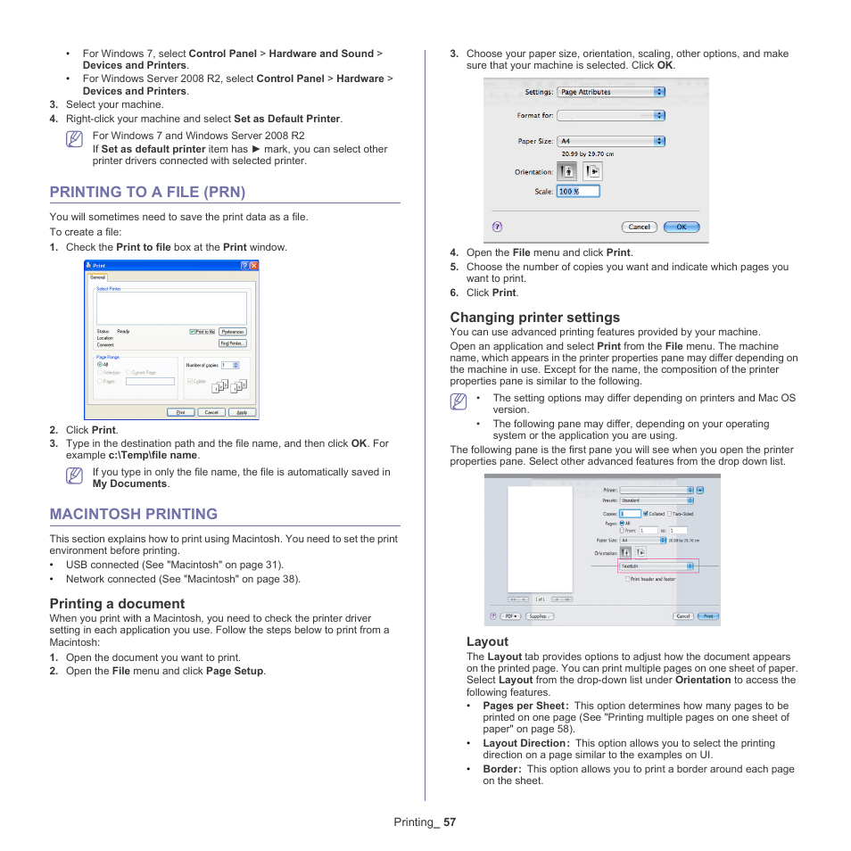 Printing to a file (prn), Macintosh printing, 57 printing to a file (prn) 57 macintosh printing | Printing a document, Changing printer settings | Samsung SCX-4600 Series User Manual | Page 57 / 121