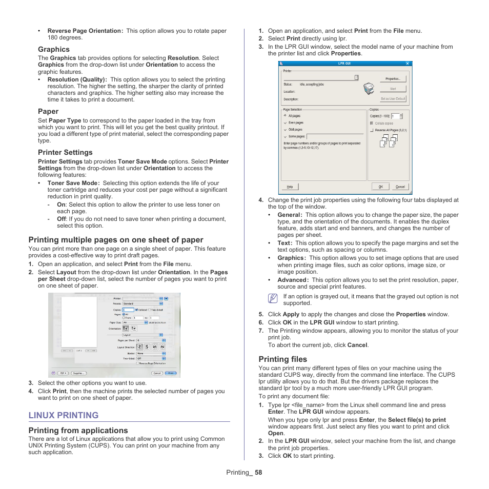 Linux printing, 58 linux printing, Printing from applications | Printing files, Printing multiple pages on one sheet of paper | Samsung SCX-4600 Series User Manual | Page 58 / 121