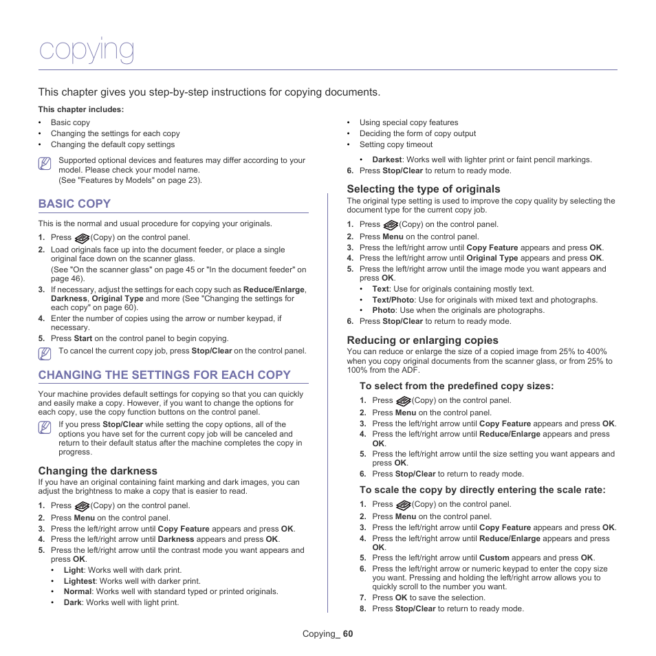 Copying, Basic copy, Changing the settings for each copy | Changing the darkness, Selecting the type of originals, Reducing or enlarging copies | Samsung SCX-4600 Series User Manual | Page 60 / 121