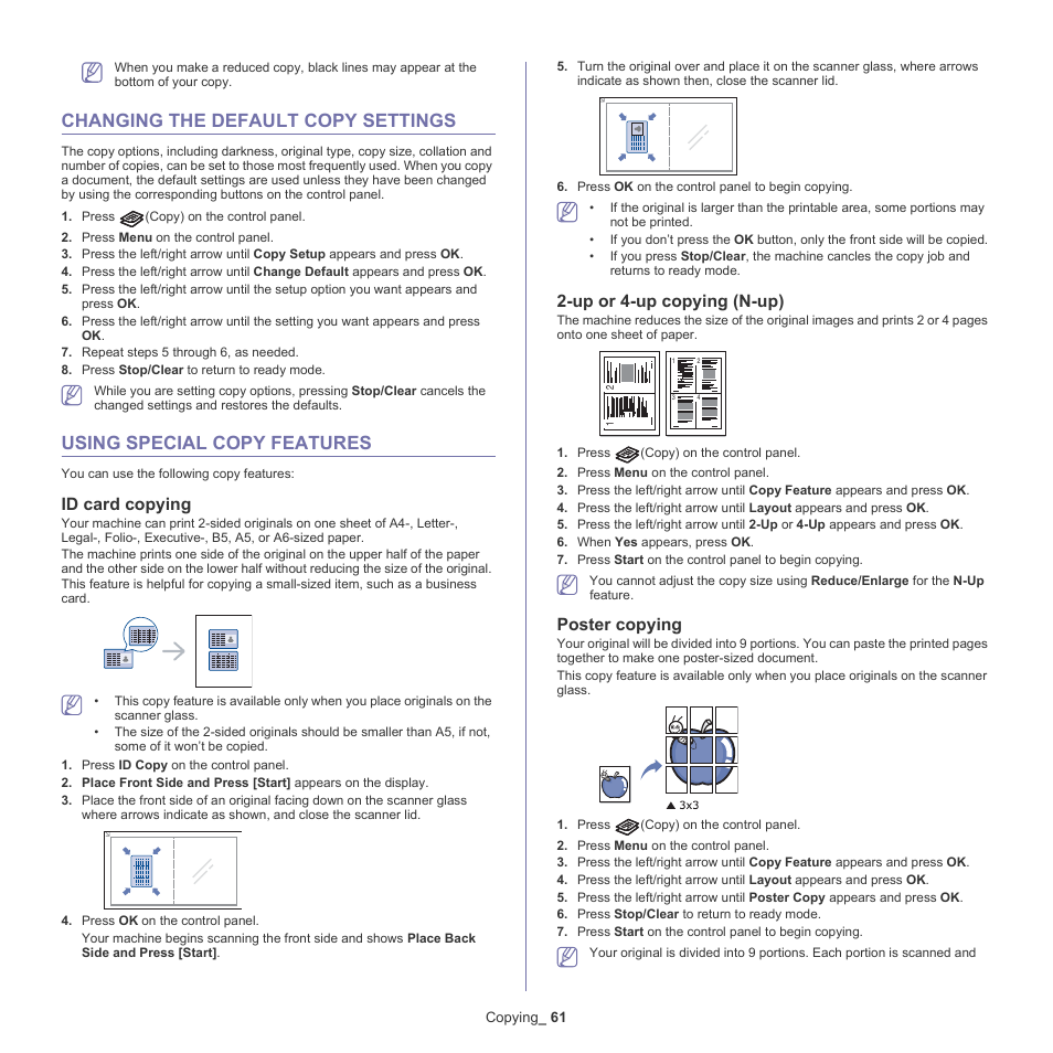 Changing the default copy settings, Using special copy features, Id card copying | Up or 4-up copying (n-up), Poster copying, Id card copying" on | Samsung SCX-4600 Series User Manual | Page 61 / 121