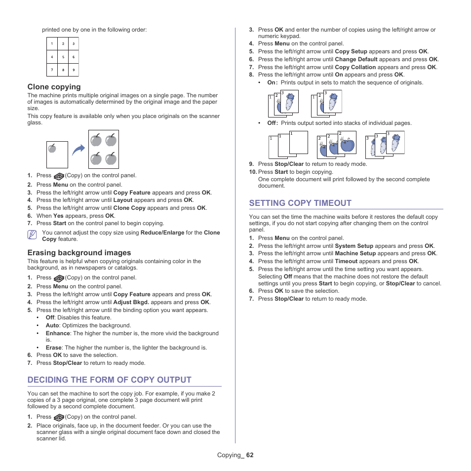 Deciding the form of copy output, Setting copy timeout, Clone copying | Erasing background images | Samsung SCX-4600 Series User Manual | Page 62 / 121