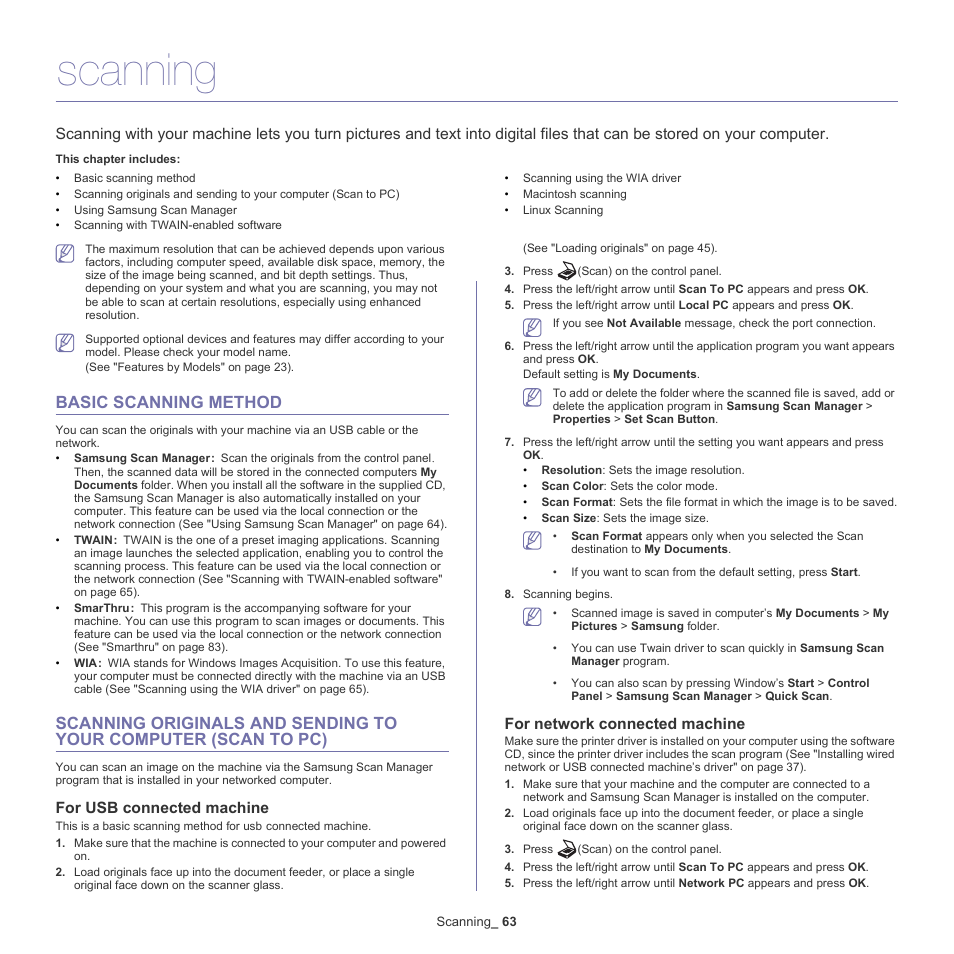 Scanning, Basic scanning method, For usb connected machine | For network connected machine | Samsung SCX-4600 Series User Manual | Page 63 / 121