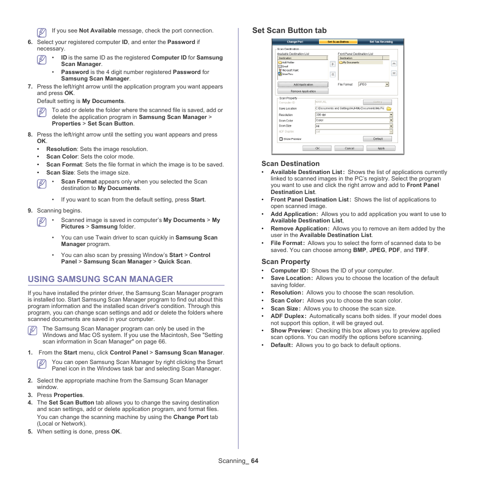 Using samsung scan manager, 64 using samsung scan manager, Set scan button tab | Scan destination, Scan property | Samsung SCX-4600 Series User Manual | Page 64 / 121