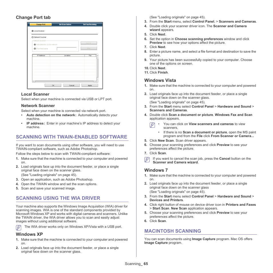 Scanning with twain-enabled software, Scanning using the wia driver, Macintosh scanning | Change port tab, Windows xp, Windows vista, Windows 7, 65 macintosh scanning | Samsung SCX-4600 Series User Manual | Page 65 / 121