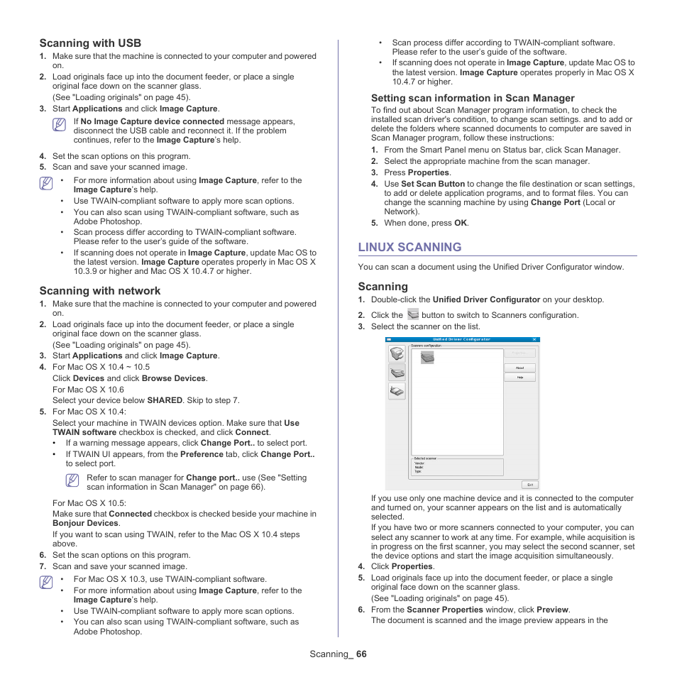 Linux scanning, Scanning with usb, Scanning with network | 66 linux scanning, Scanning | Samsung SCX-4600 Series User Manual | Page 66 / 121