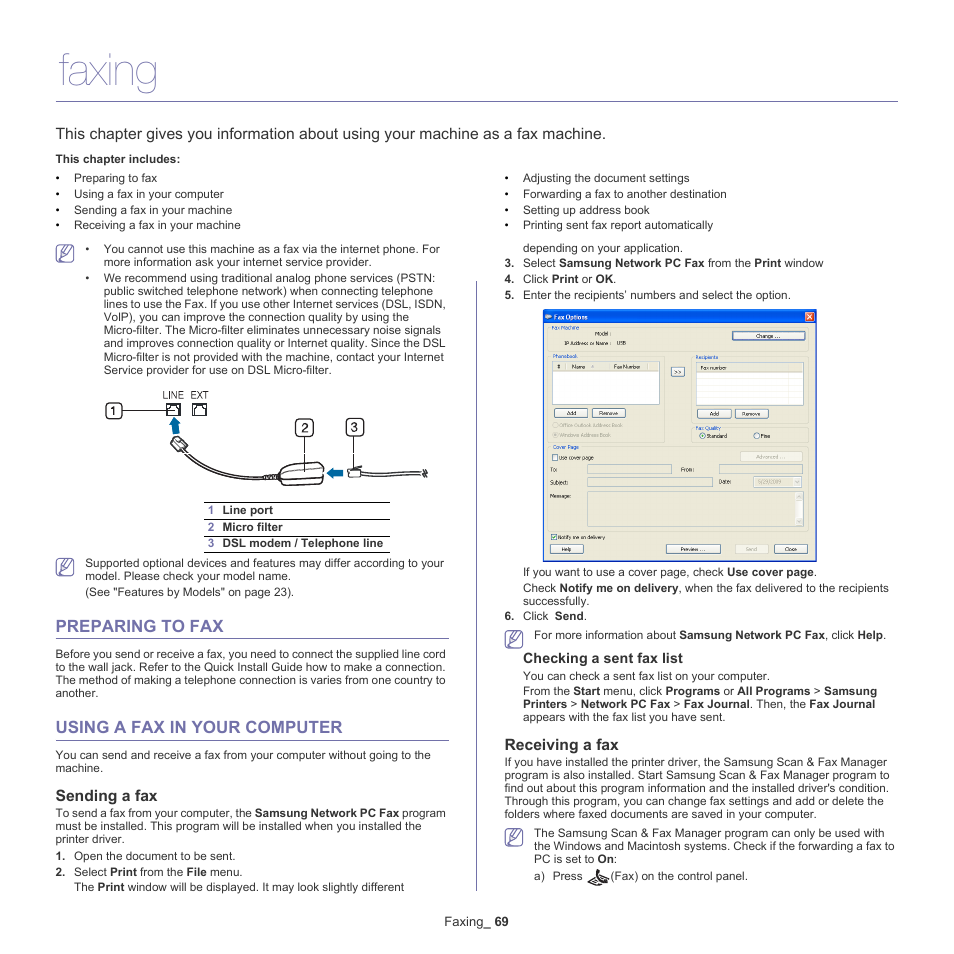 Faxing, Preparing to fax, Using a fax in your computer | Sending a fax, Receiving a fax | Samsung SCX-4600 Series User Manual | Page 69 / 121