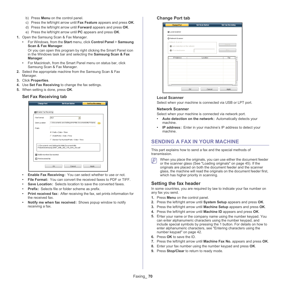 Sending a fax in your machine, 70 sending a fax in your machine, Setting the fax header | Samsung SCX-4600 Series User Manual | Page 70 / 121