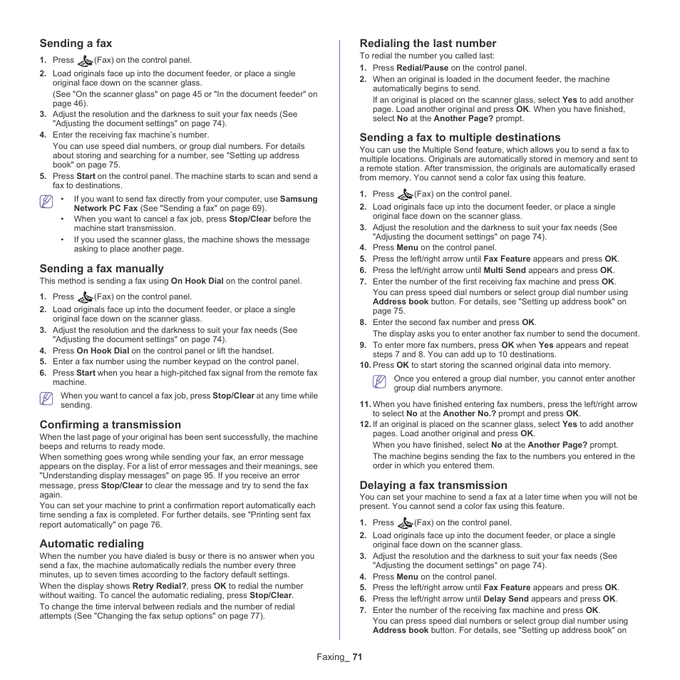 Sending a fax, Sending a fax manually, Confirming a transmission | Automatic redialing, Redialing the last number, Sending a fax to multiple destinations, Delaying a fax transmission | Samsung SCX-4600 Series User Manual | Page 71 / 121