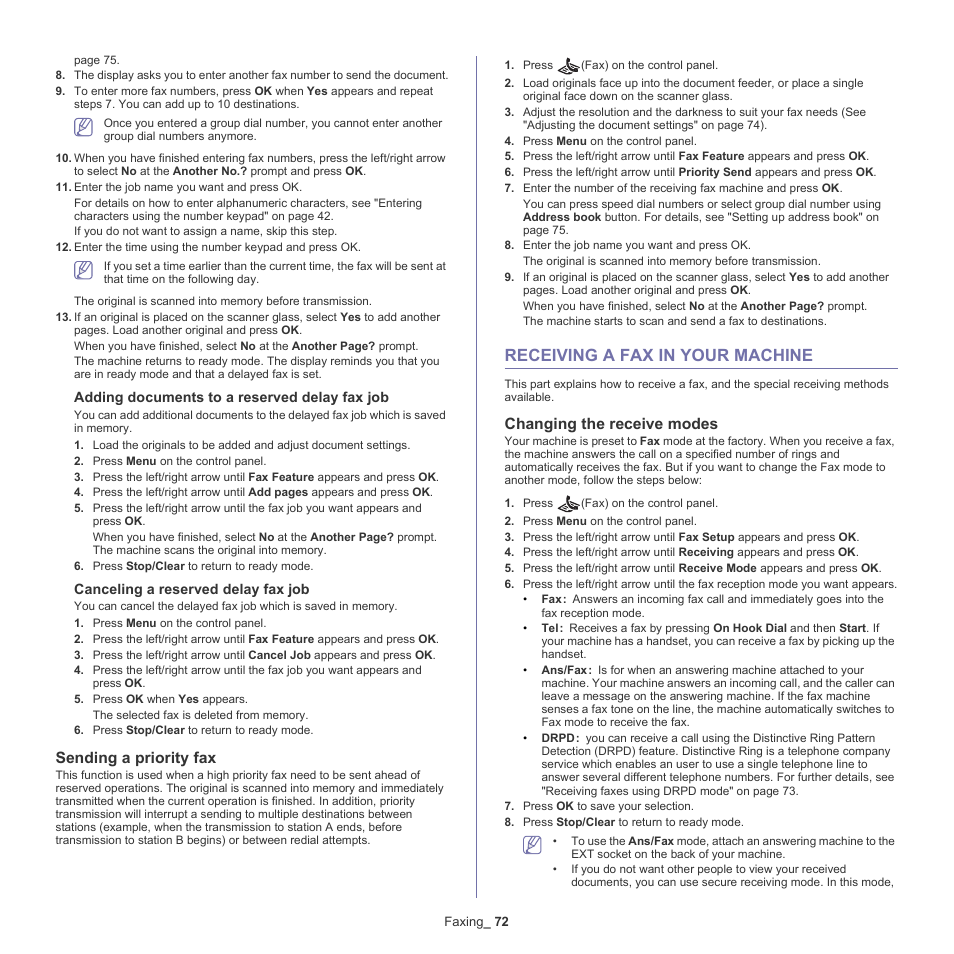 Receiving a fax in your machine, Sending a priority fax, 72 receiving a fax in your machine | Changing the receive modes | Samsung SCX-4600 Series User Manual | Page 72 / 121