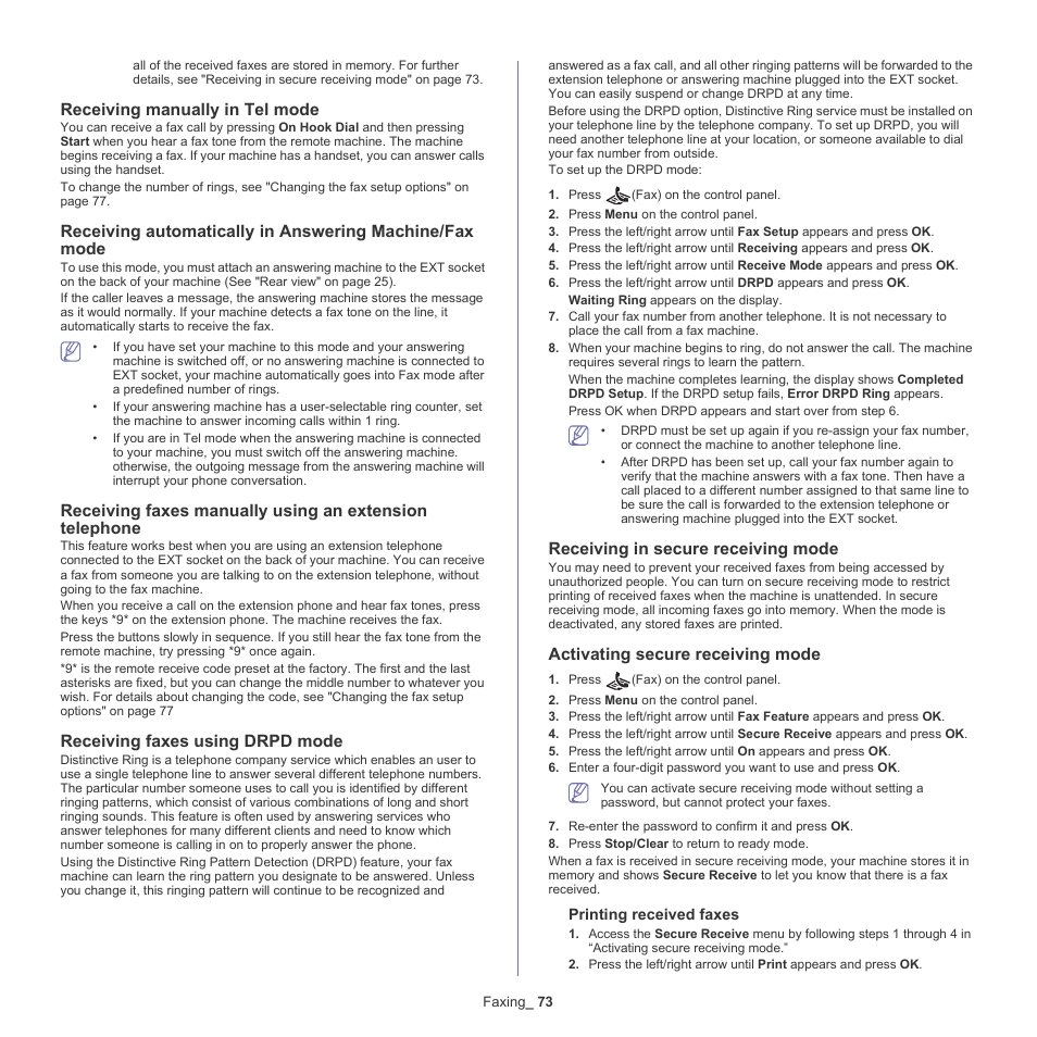 Receiving manually in tel mode, Receiving faxes using drpd mode, Receiving in secure receiving mode | Activating secure receiving mode | Samsung SCX-4600 Series User Manual | Page 73 / 121