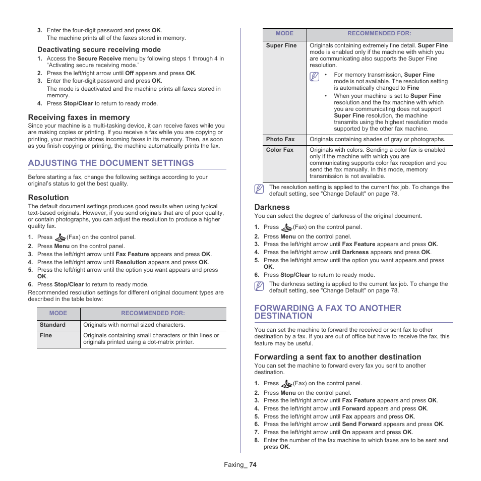 Adjusting the document settings, Forwarding a fax to another destination, Receiving faxes in memory | 74 adjusting the document settings, Resolution, Darkness, 74 forwarding a fax to another destination, Forwarding a sent fax to another destination | Samsung SCX-4600 Series User Manual | Page 74 / 121