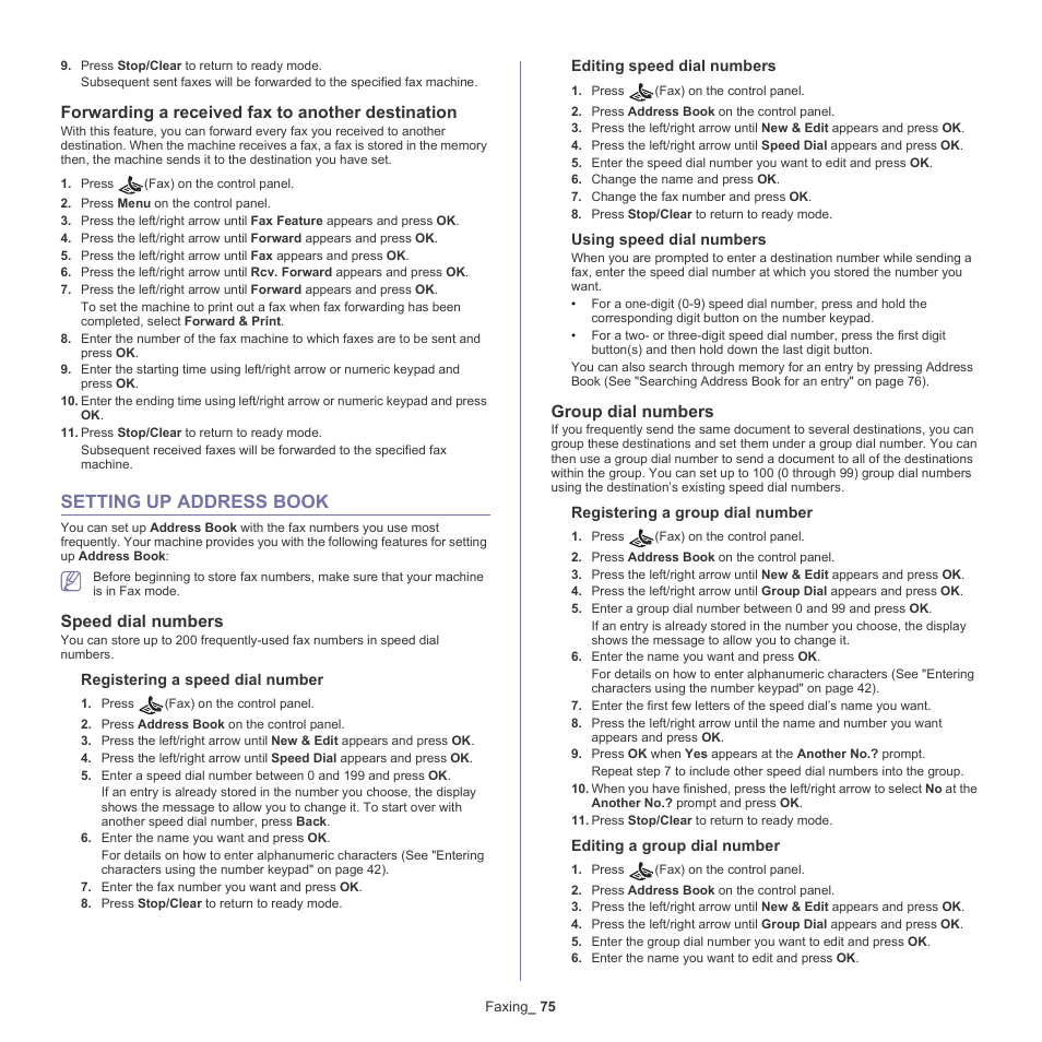 Setting up address book, Forwarding a received fax to another destination, 75 setting up address book | Speed dial numbers, Group dial numbers, Setting up address book" on | Samsung SCX-4600 Series User Manual | Page 75 / 121
