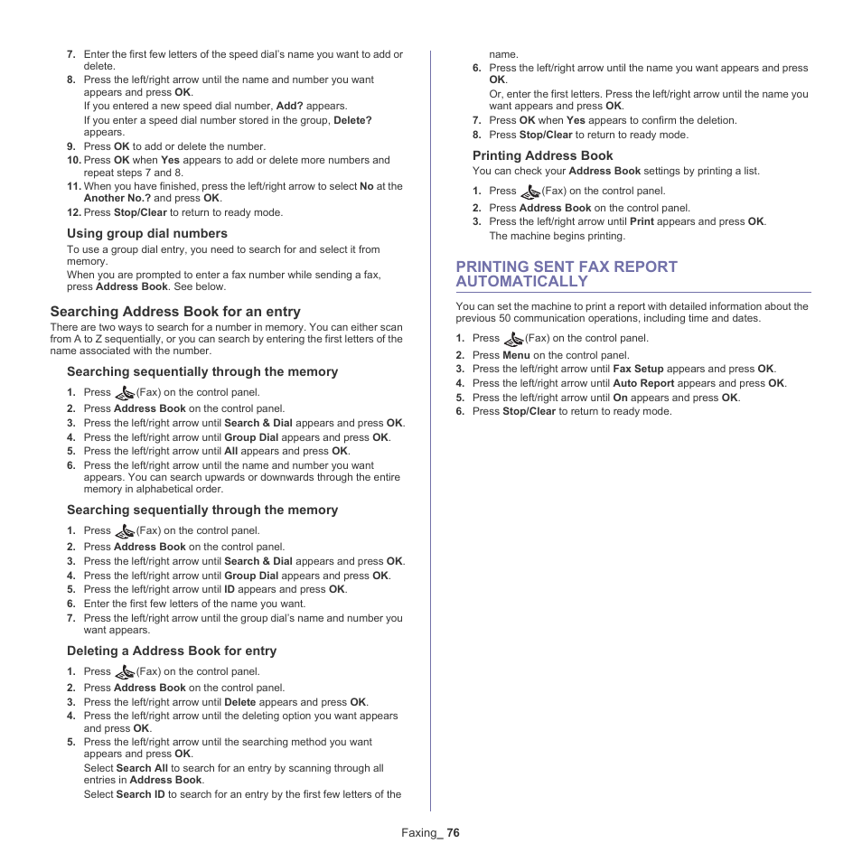 Printing sent fax report automatically, Searching address book for an entry, 76 printing sent fax report automatically | Samsung SCX-4600 Series User Manual | Page 76 / 121