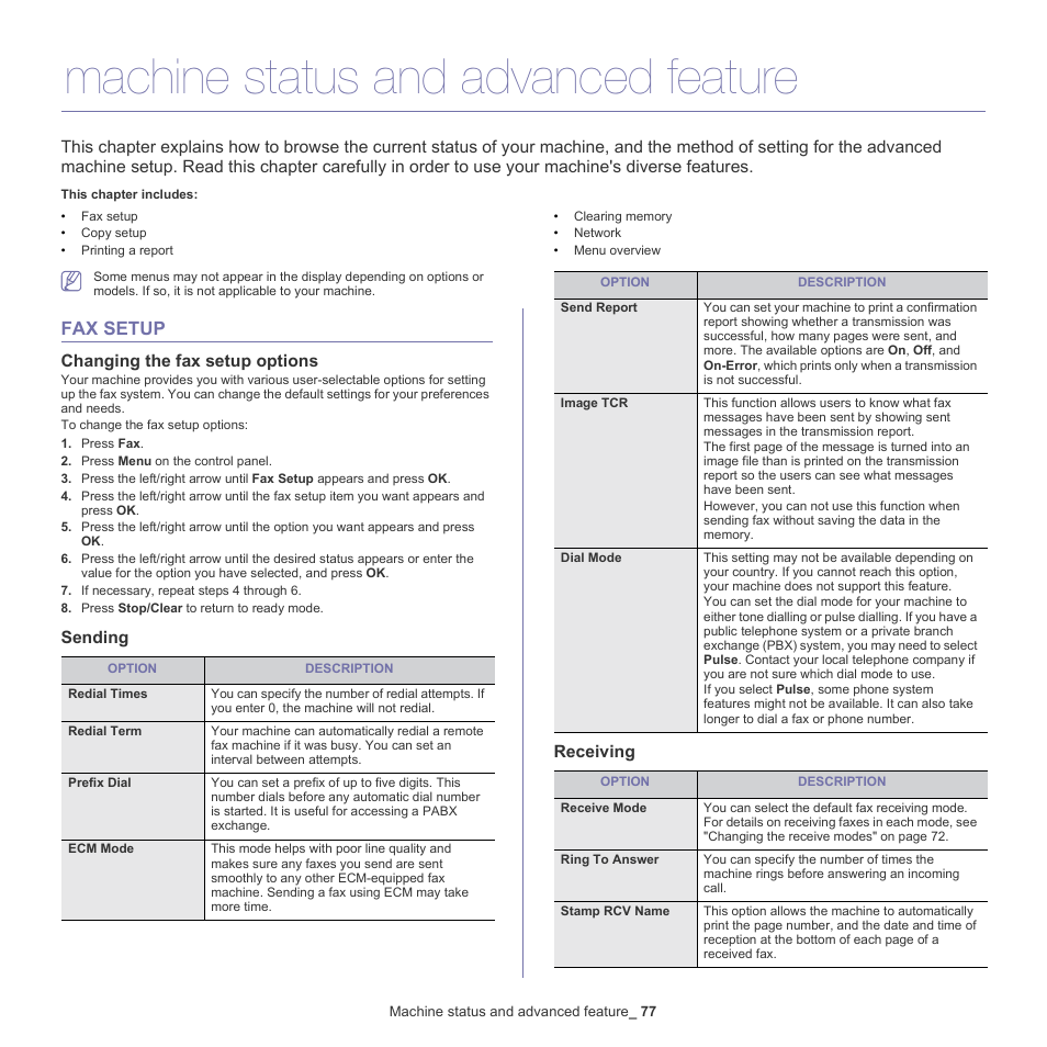 Machine status and advanced feature, Fax setup, 77 fax setup | Changing the fax setup options, Sending, Receiving, Changing the fax setup options" on, Ee "changing the fax setup, Sending receiving | Samsung SCX-4600 Series User Manual | Page 77 / 121