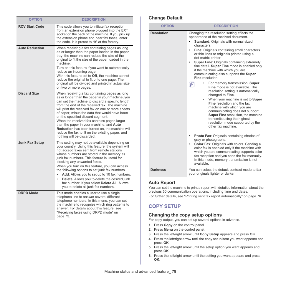 Copy setup, Change default, Auto report | 78 copy setup, Changing the copy setup options | Samsung SCX-4600 Series User Manual | Page 78 / 121