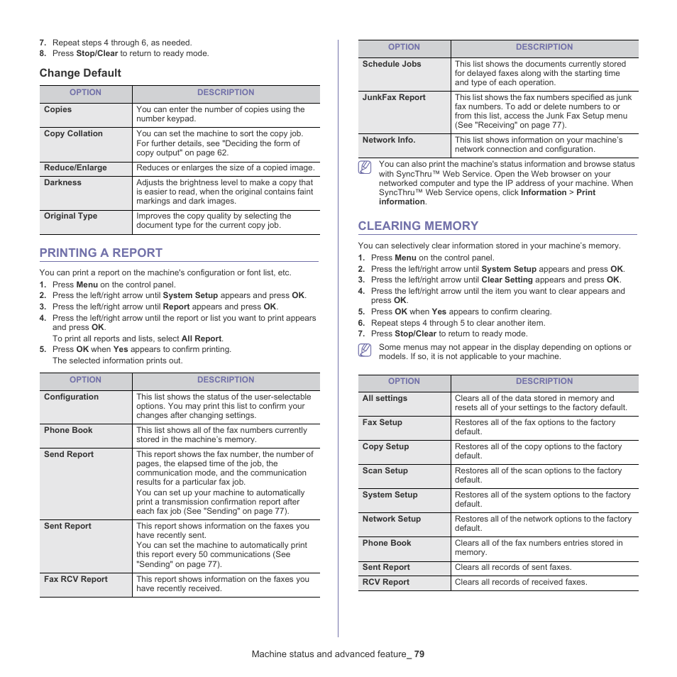 Printing a report, Clearing memory, Change default | 79 printing a report 79 clearing memory | Samsung SCX-4600 Series User Manual | Page 79 / 121