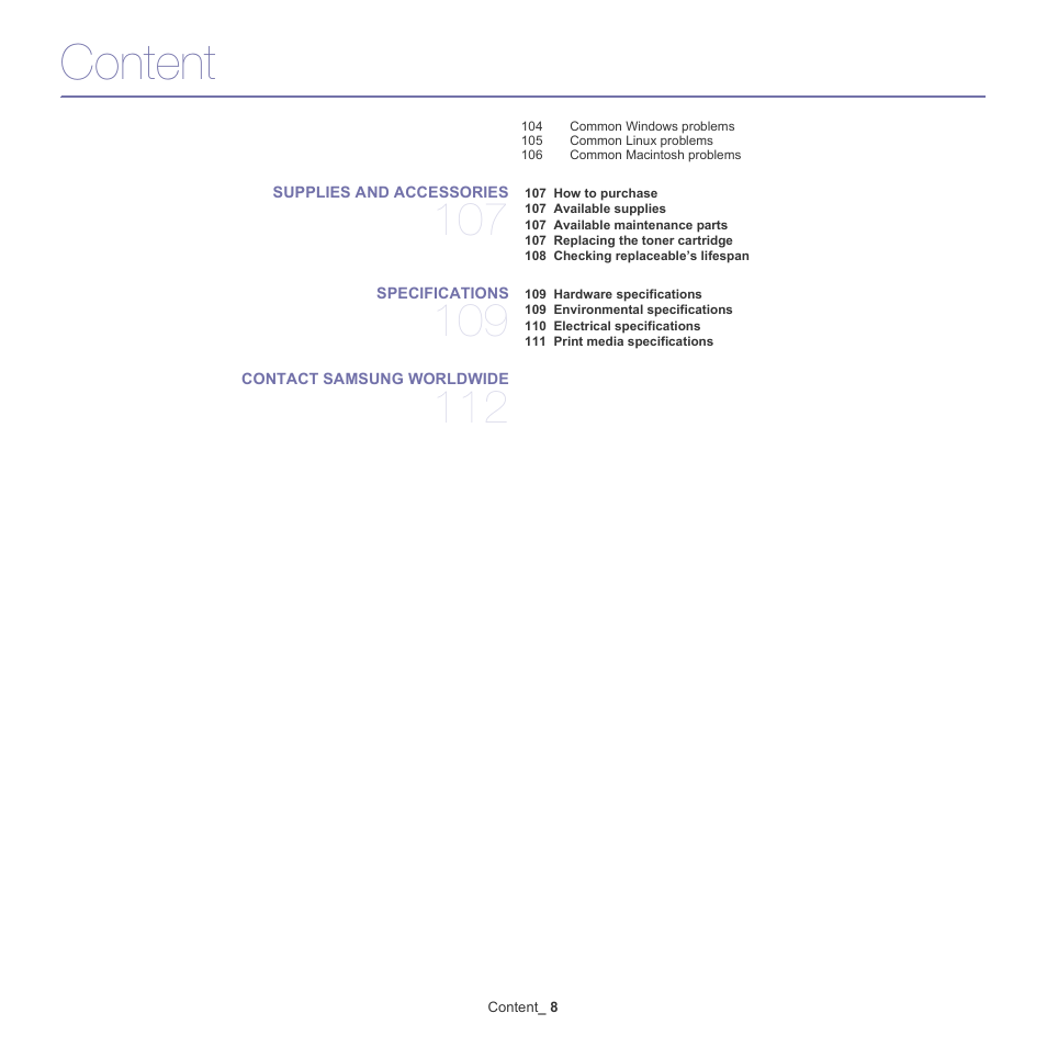 Content | Samsung SCX-4600 Series User Manual | Page 8 / 121