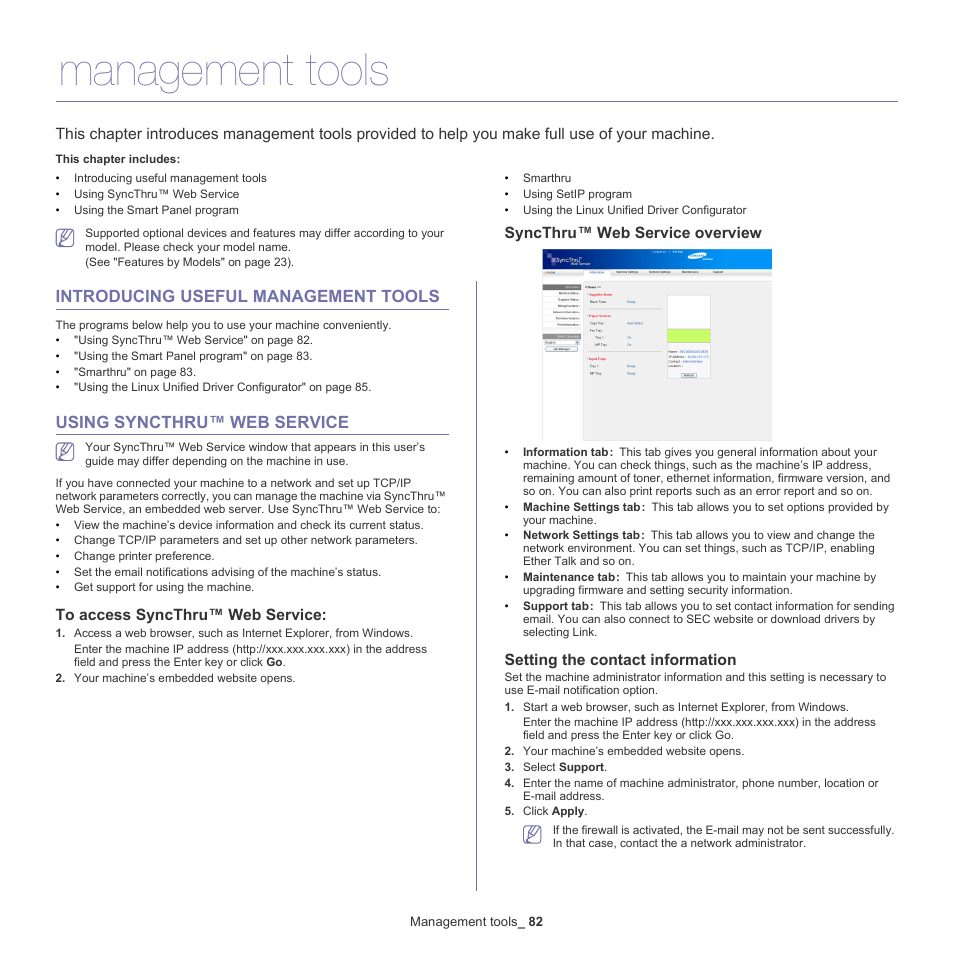 Management tools, Introducing useful management tools, Using syncthru™ web service | To access syncthru™ web service, Syncthru™ web service overview, Setting the contact information | Samsung SCX-4600 Series User Manual | Page 82 / 121