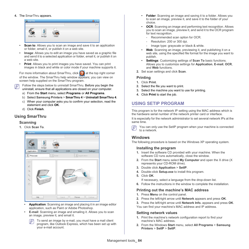 Using setip program, Using smarthru, 84 using setip program | Windows | Samsung SCX-4600 Series User Manual | Page 84 / 121