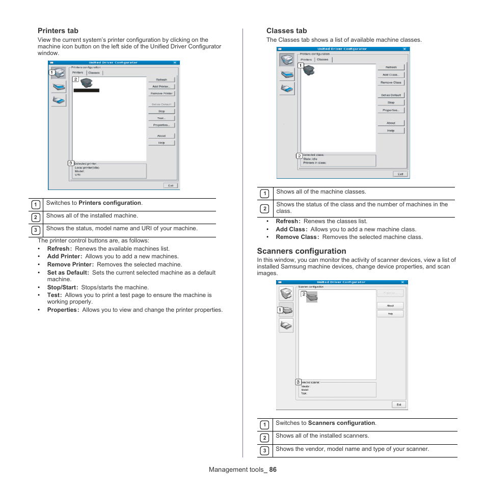 Scanners configuration, Printers tab, Classes tab | Samsung SCX-4600 Series User Manual | Page 86 / 121