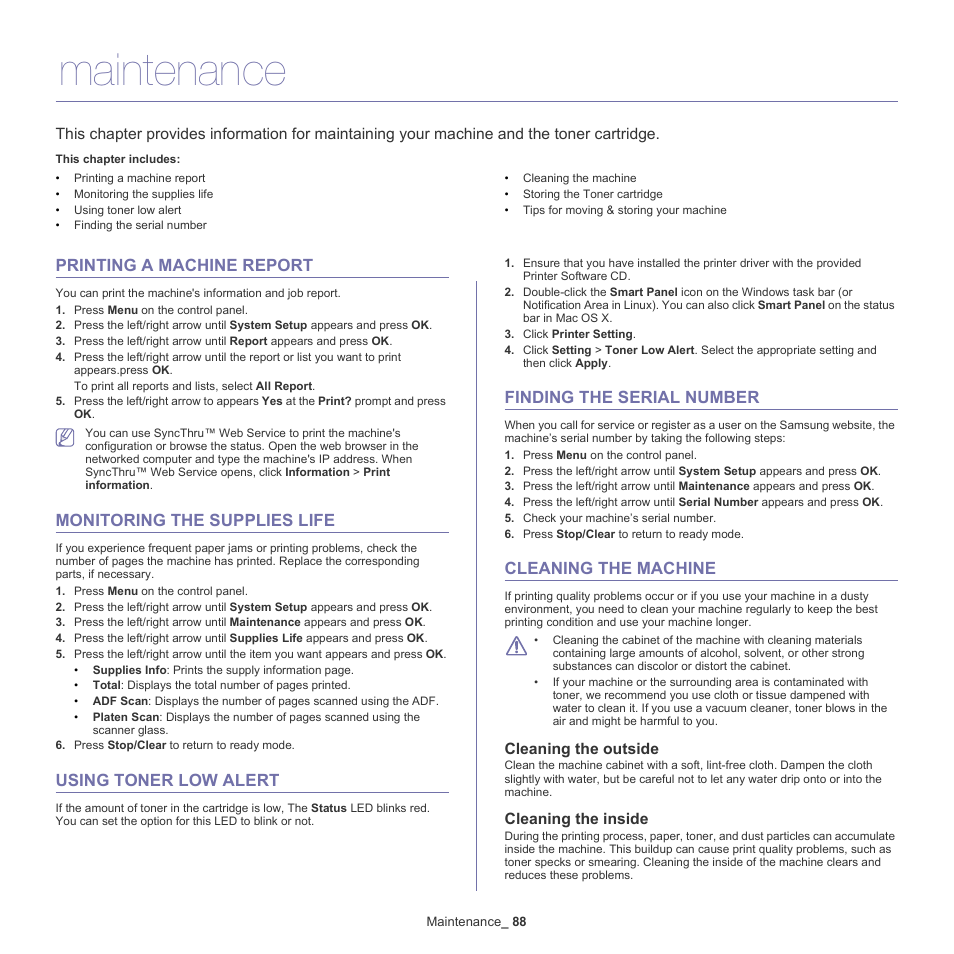 Maintenance, Printing a machine report, Monitoring the supplies life | Using toner low alert, Finding the serial number, Cleaning the machine, Cleaning the outside, Cleaning the inside | Samsung SCX-4600 Series User Manual | Page 88 / 121