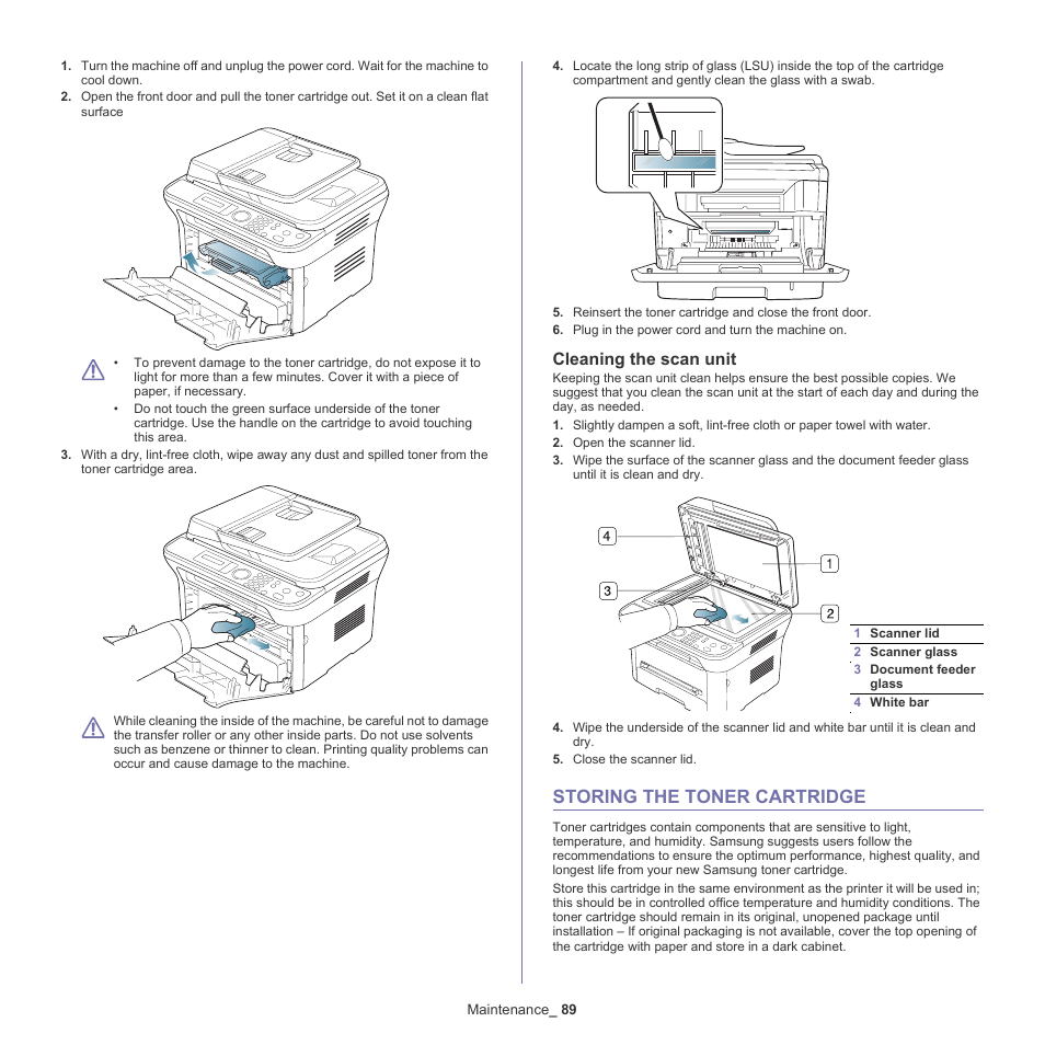 Storing the toner cartridge, Cleaning the scan unit, 89 storing the toner cartridge | E "cleaning the scan unit" on, Cleaning the scan | Samsung SCX-4600 Series User Manual | Page 89 / 121