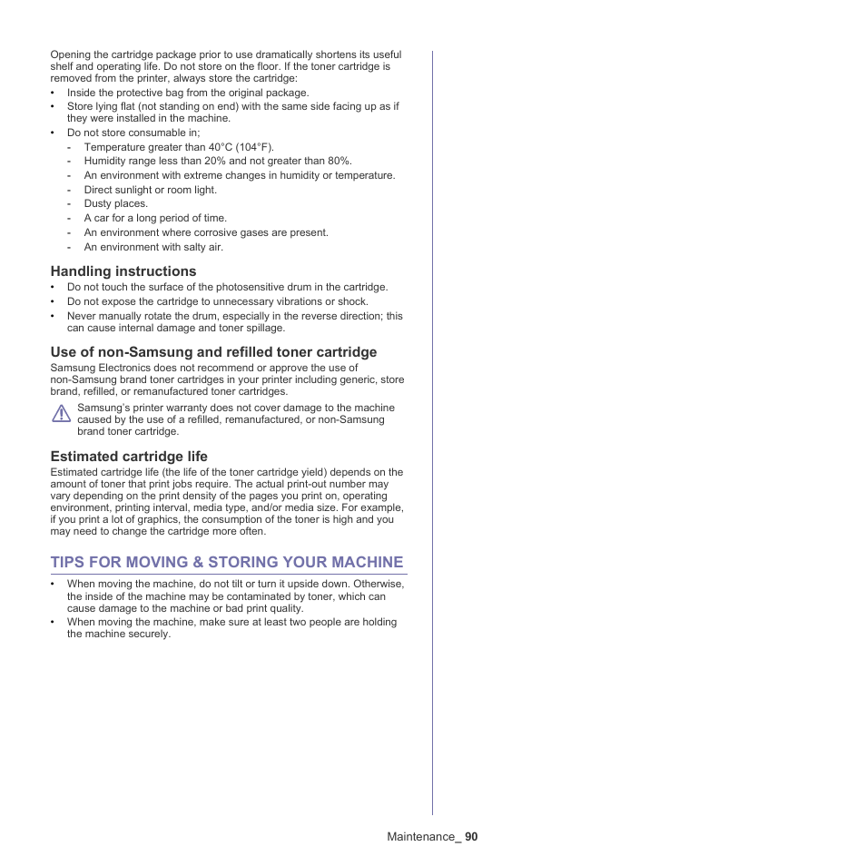 Tips for moving & storing your machine, Handling instructions, Use of non-samsung and refilled toner cartridge | Estimated cartridge life, 90 tips for moving & storing your machine | Samsung SCX-4600 Series User Manual | Page 90 / 121