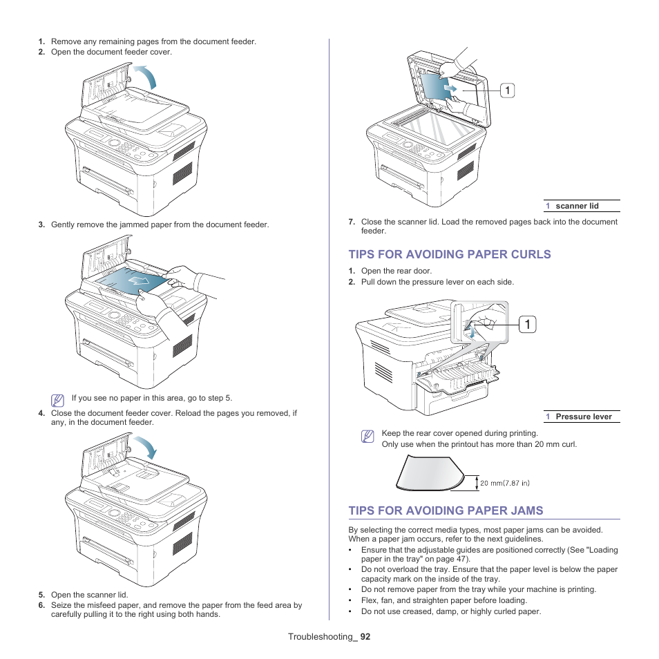 Tips for avoiding paper curls, Tips for avoiding paper jams | Samsung SCX-4600 Series User Manual | Page 92 / 121