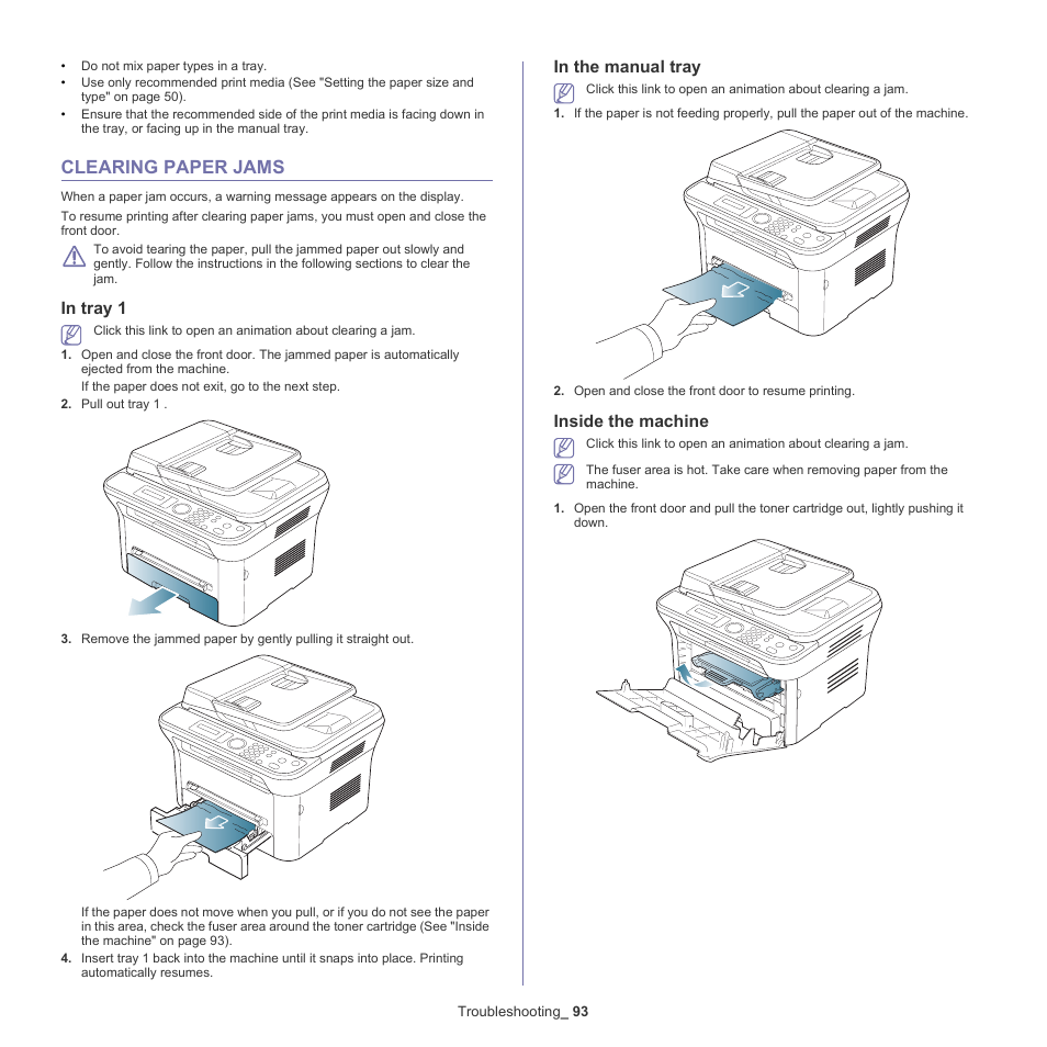 Clearing paper jams, 93 clearing paper jams, In tray 1 | In the manual tray, Inside the machine, Clearing | Samsung SCX-4600 Series User Manual | Page 93 / 121