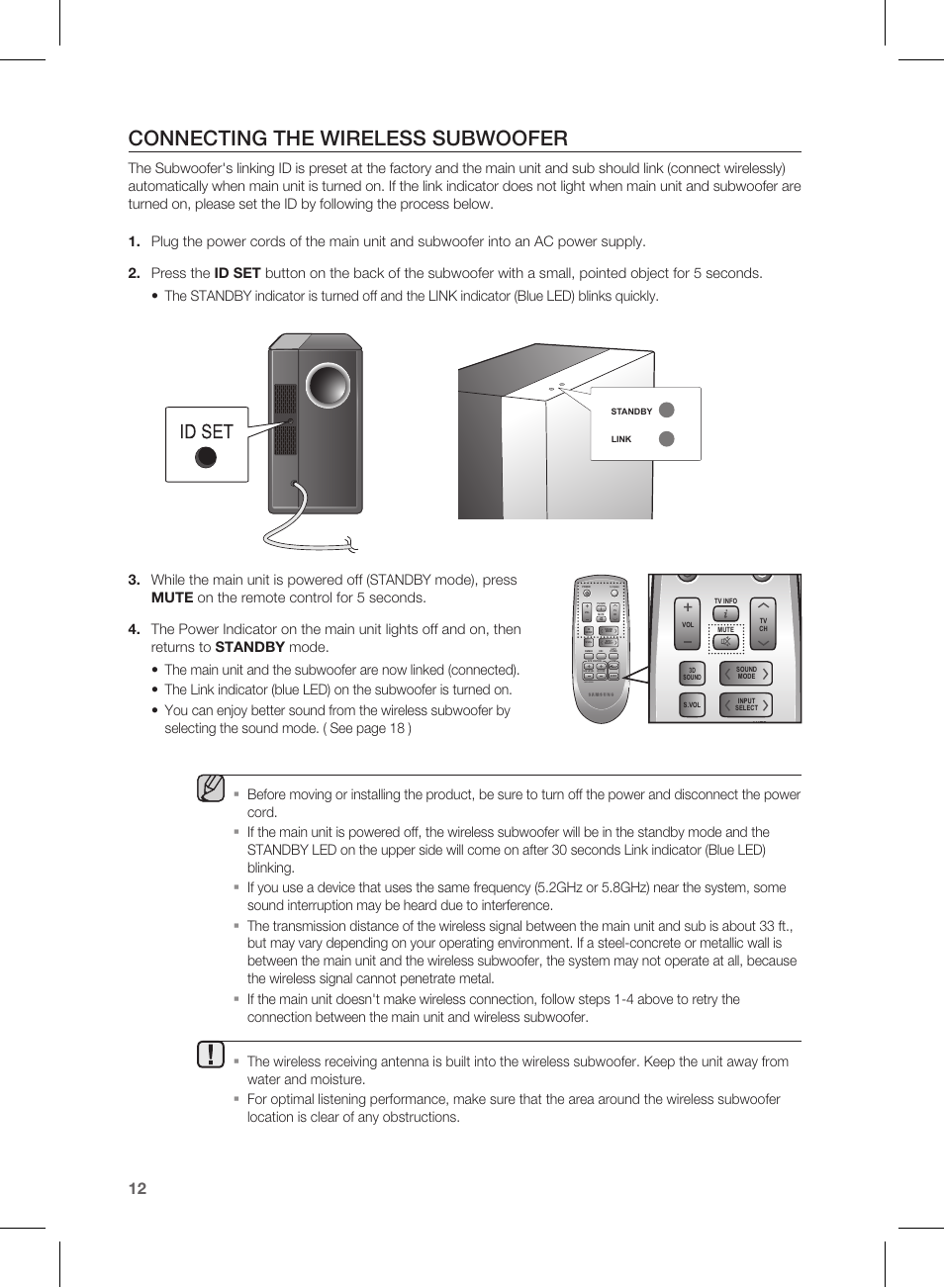 Conn ecting the wir eless subwoofer, Connecting the wireless subwoofer | Samsung HW-D550 User Manual | Page 12 / 25