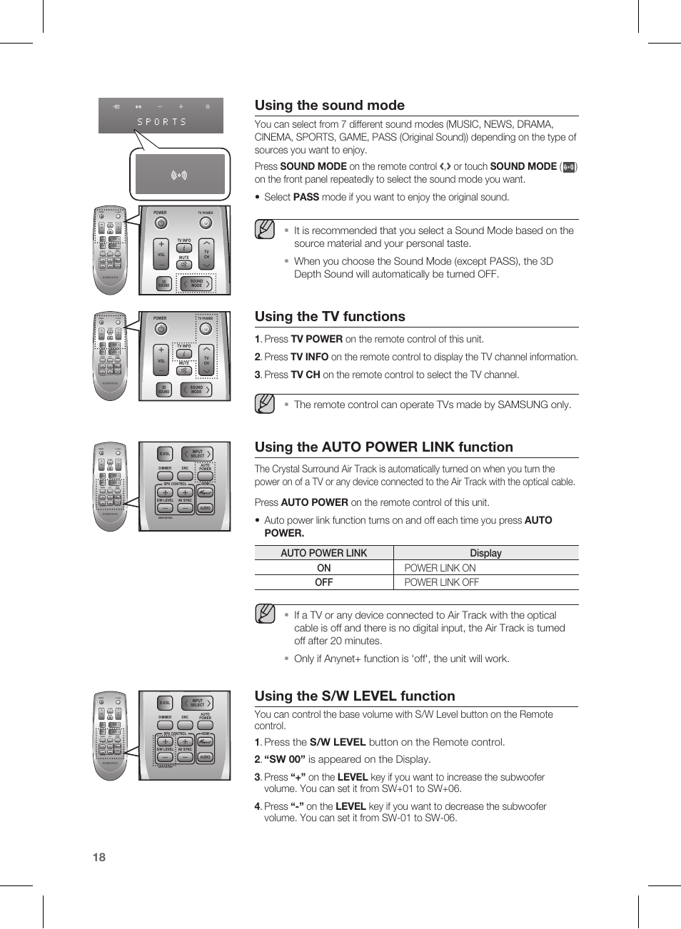 Using the sound mode, Using the tv functions, Using the auto po wer link function | Using the s/w le vel function, Using the auto power link function, Using the s/w level function, Or touch sound mode, Tv power | Samsung HW-D550 User Manual | Page 18 / 25