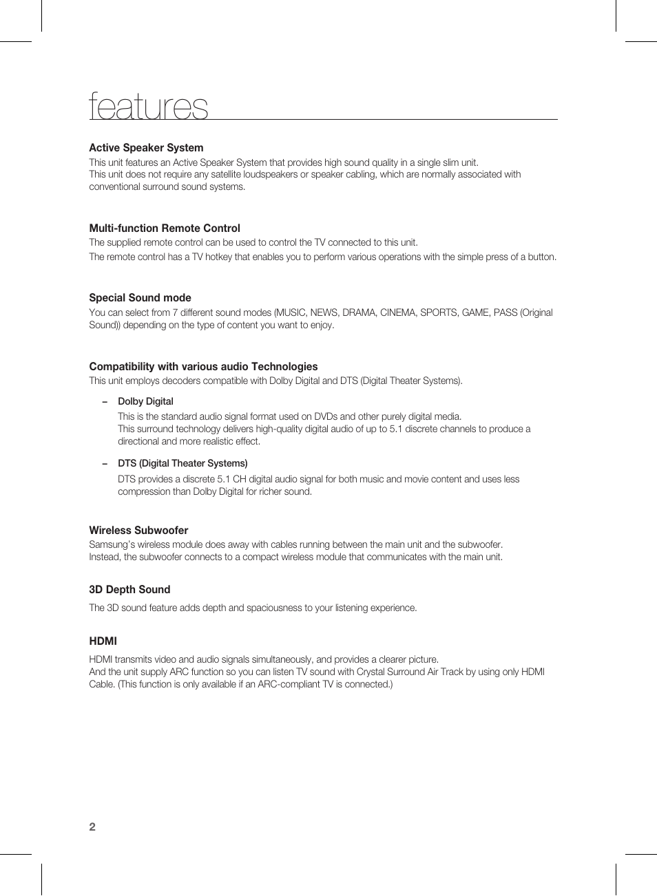 Features | Samsung HW-D550 User Manual | Page 2 / 25