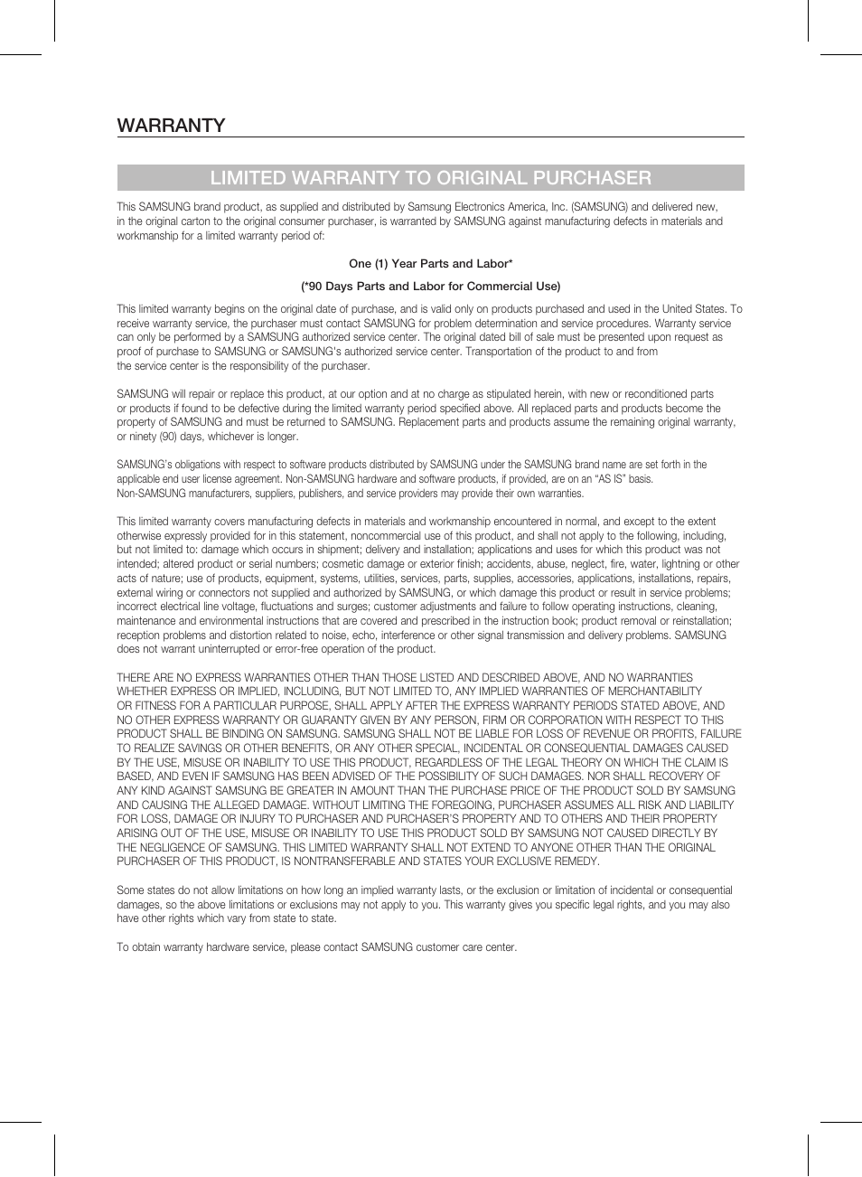 Warranty limited warranty to original purchaser | Samsung HW-D550 User Manual | Page 23 / 25