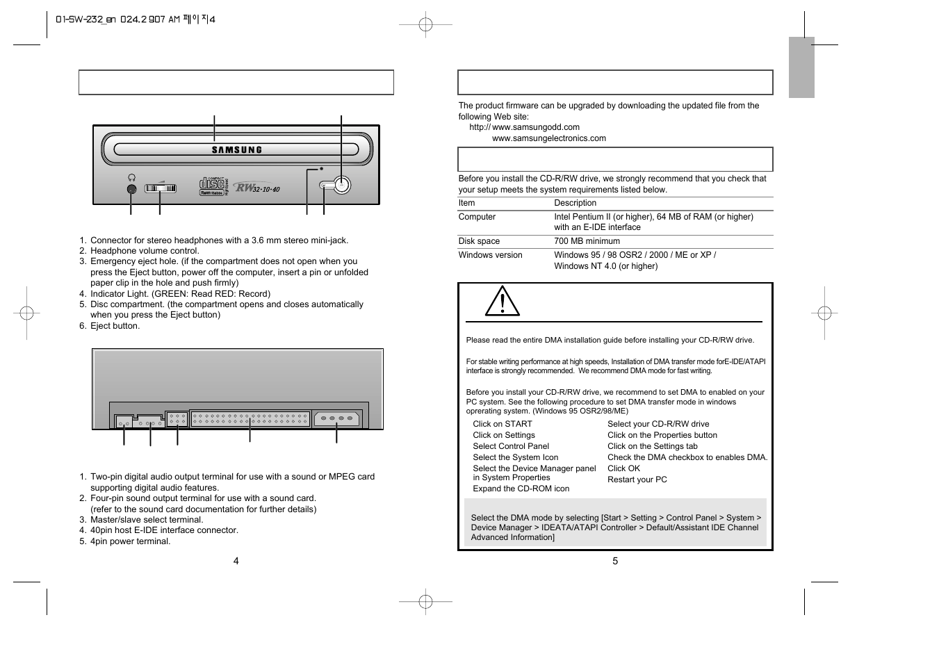 System requirements | Samsung SW-232 User Manual | Page 3 / 9
