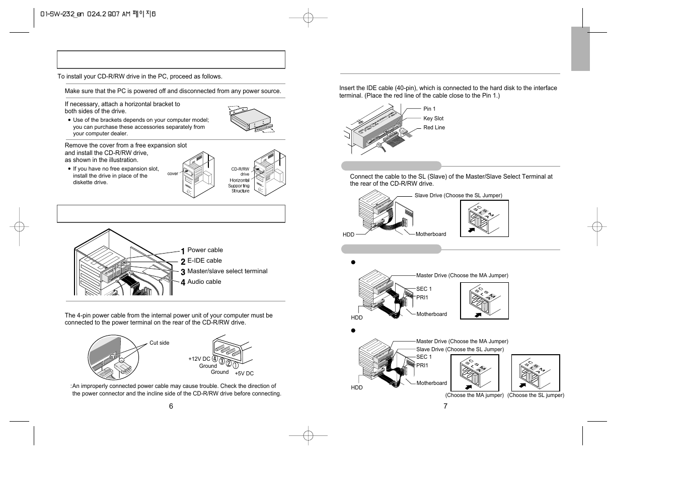 Installing the cd-r/rw drive connecting the cables | Samsung SW-232 User Manual | Page 4 / 9
