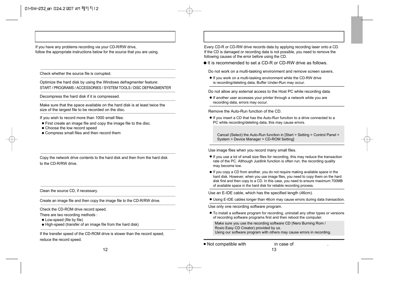 Caution with errors, Solving recording problems | Samsung SW-232 User Manual | Page 7 / 9