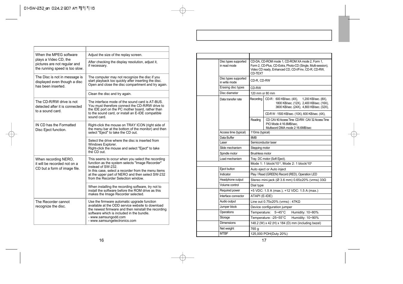 Technical specifications | Samsung SW-232 User Manual | Page 9 / 9
