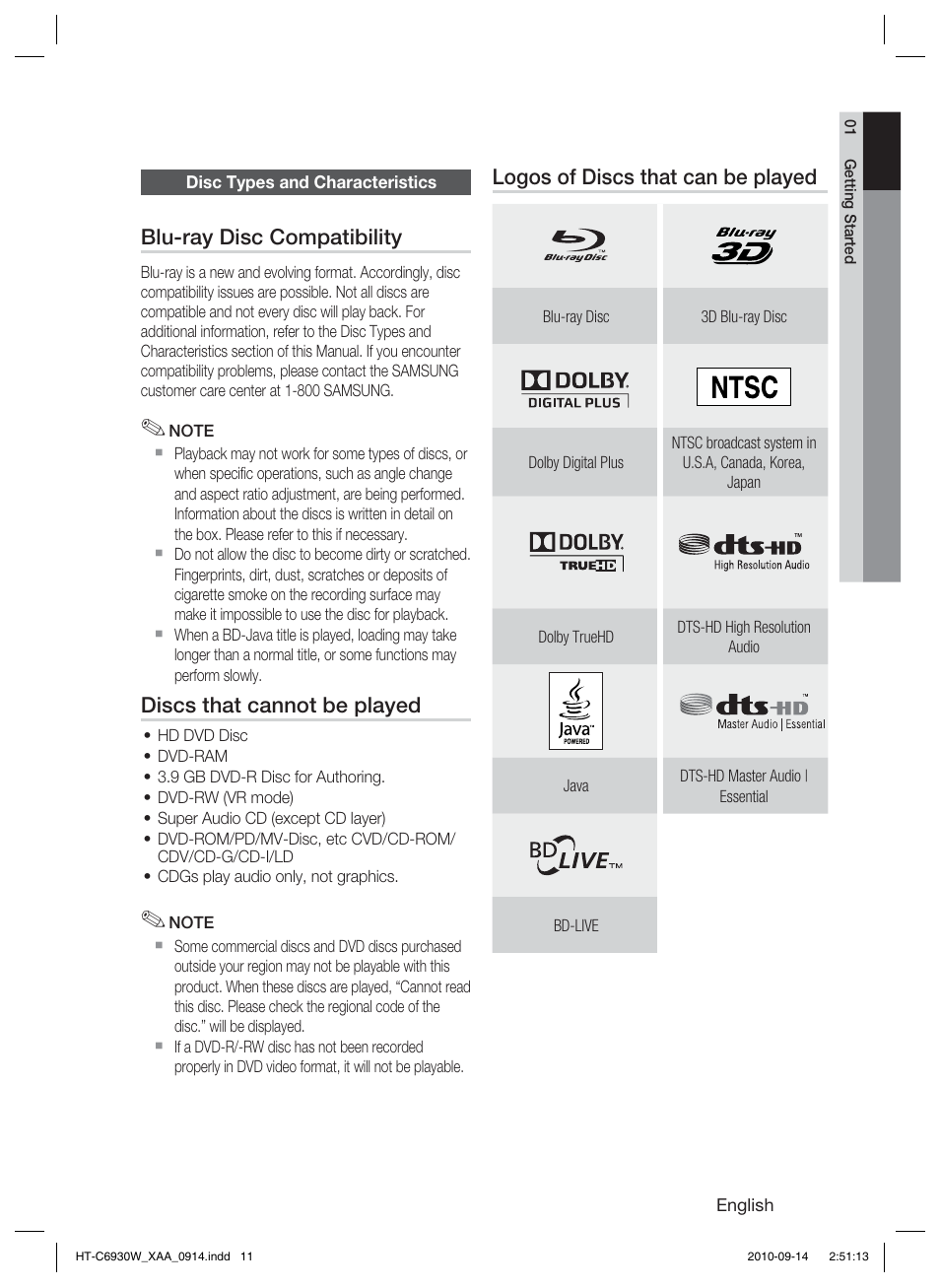 Disc types and characteristics | Samsung AH68-02279Y User Manual | Page 11 / 74