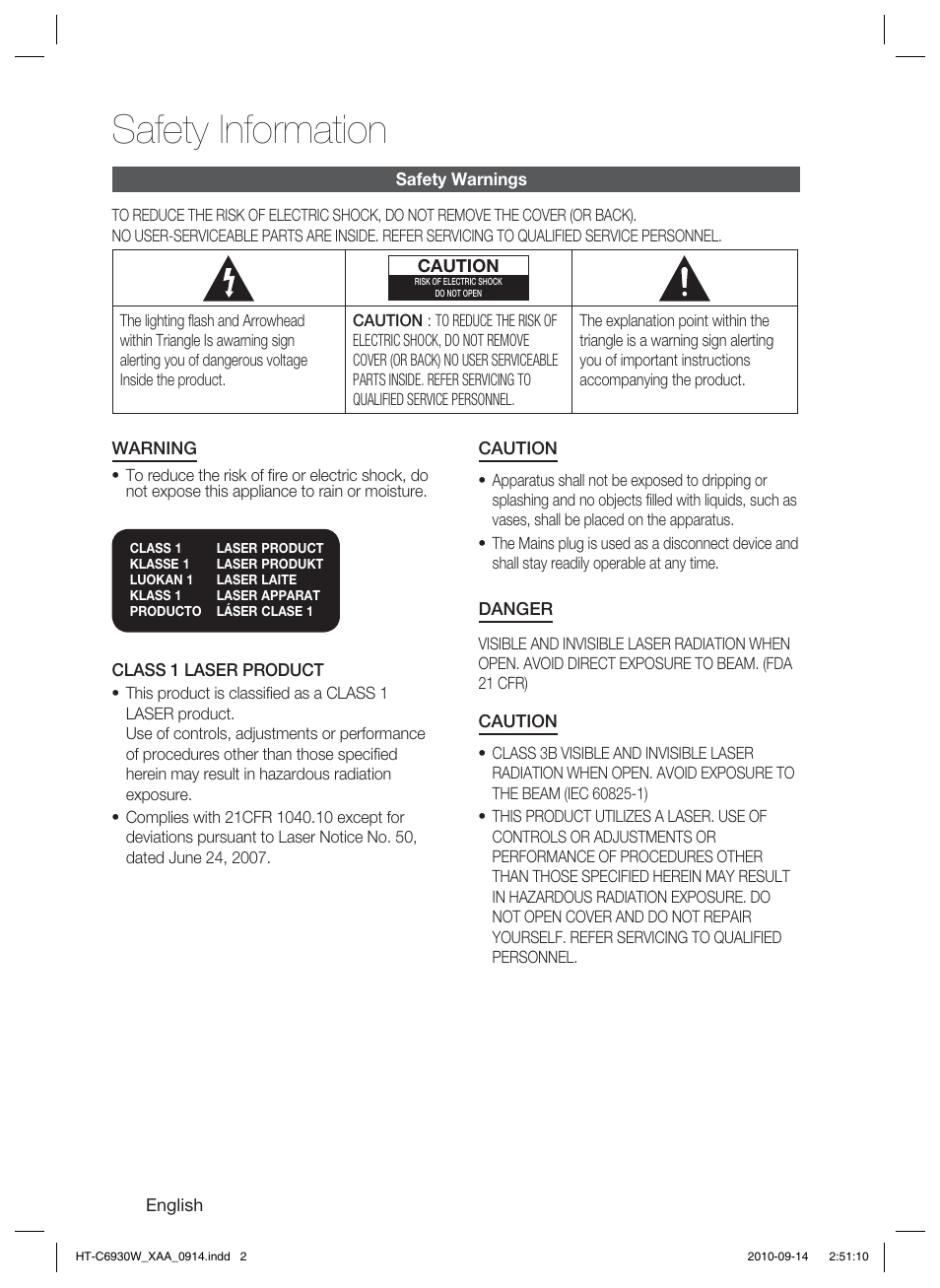 Safety information, Safety warnings | Samsung AH68-02279Y User Manual | Page 2 / 74