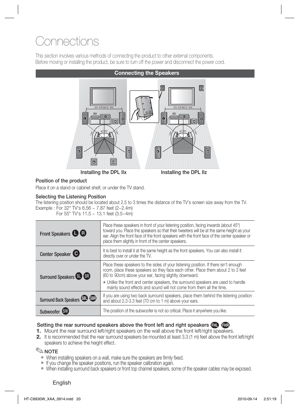 Connections, Connecting the speakers | Samsung AH68-02279Y User Manual | Page 20 / 74