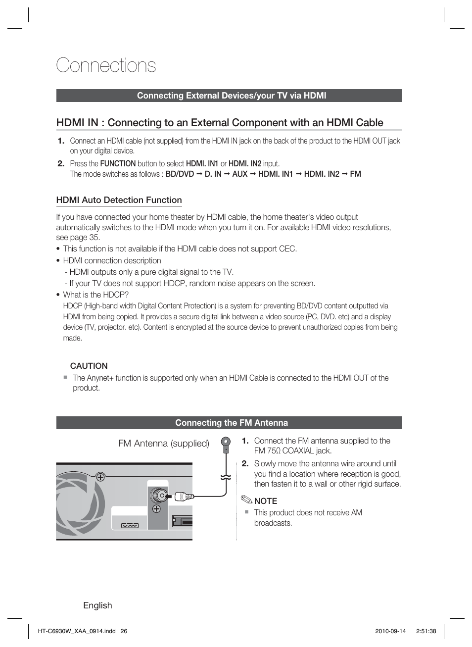Connecting the fm antenna, Connections | Samsung AH68-02279Y User Manual | Page 26 / 74