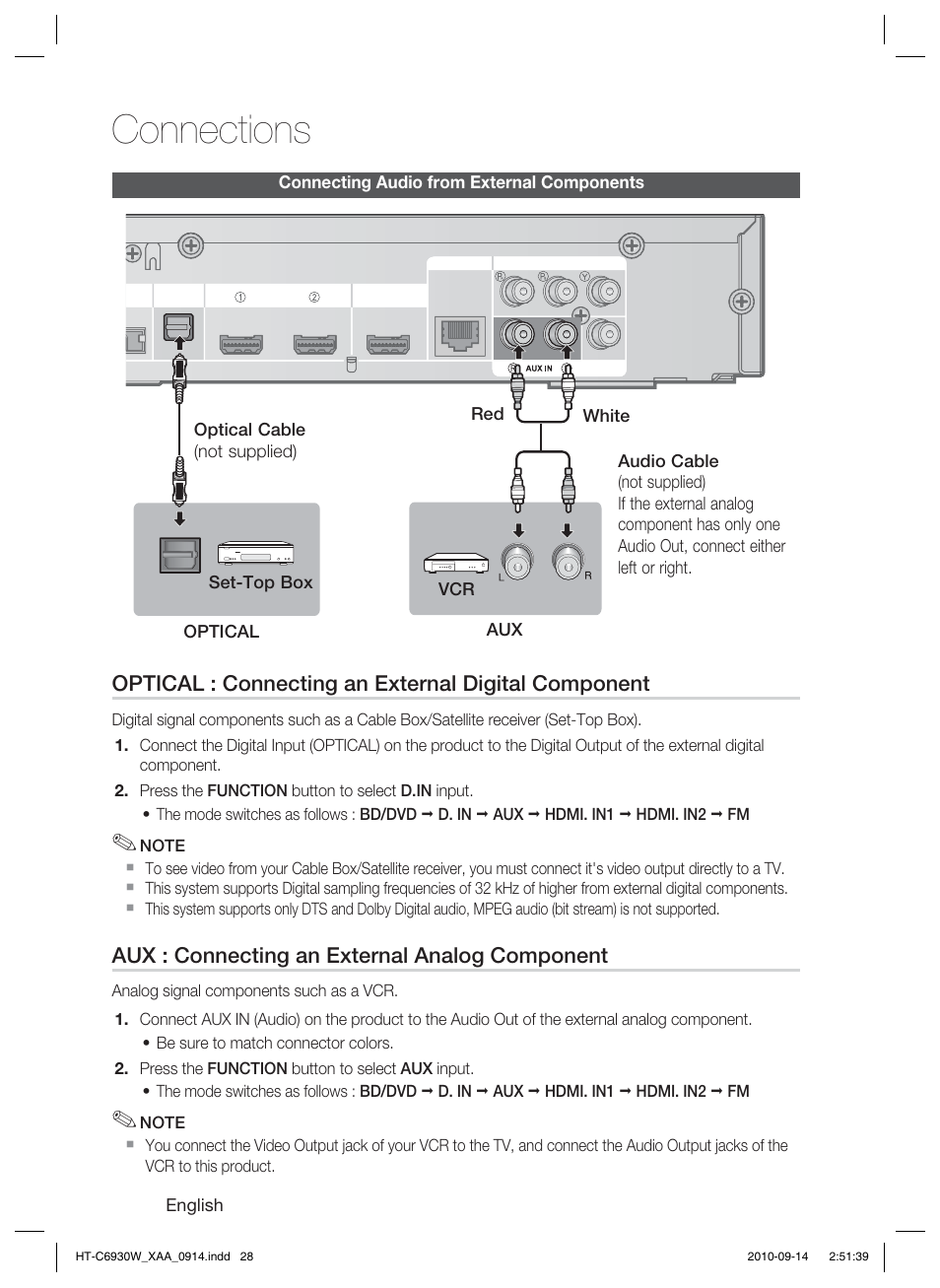 Connecting audio from external components, Connections, Optical : connecting an external digital component | Aux : connecting an external analog component | Samsung AH68-02279Y User Manual | Page 28 / 74
