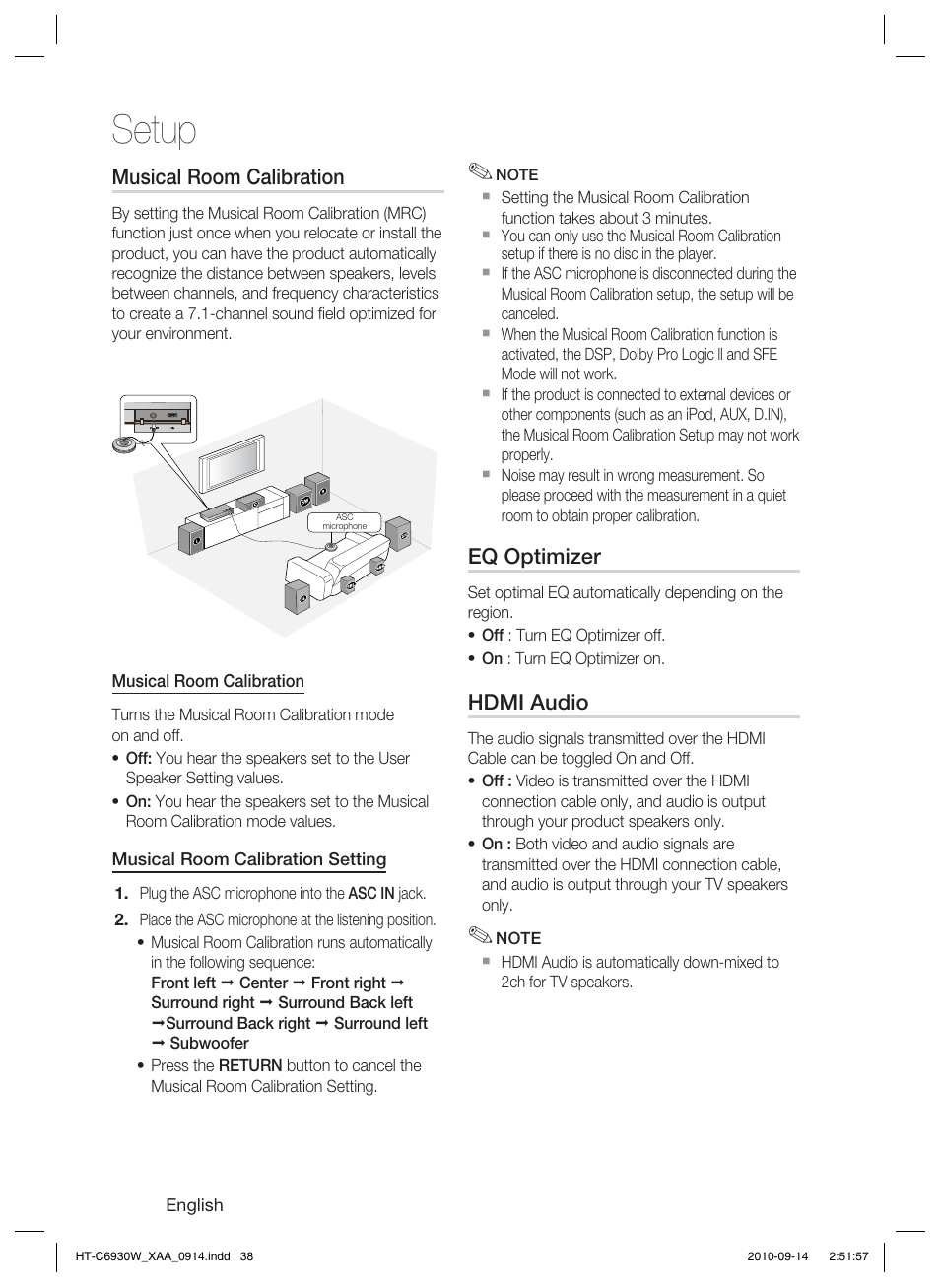 Musical room calibration, Eq optimizer, Hdmi audio | Setup | Samsung AH68-02279Y User Manual | Page 38 / 74